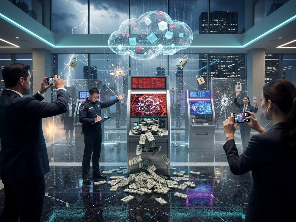 AI cyber attack visualization on ATM machine with cash spilling and digital threat overlays