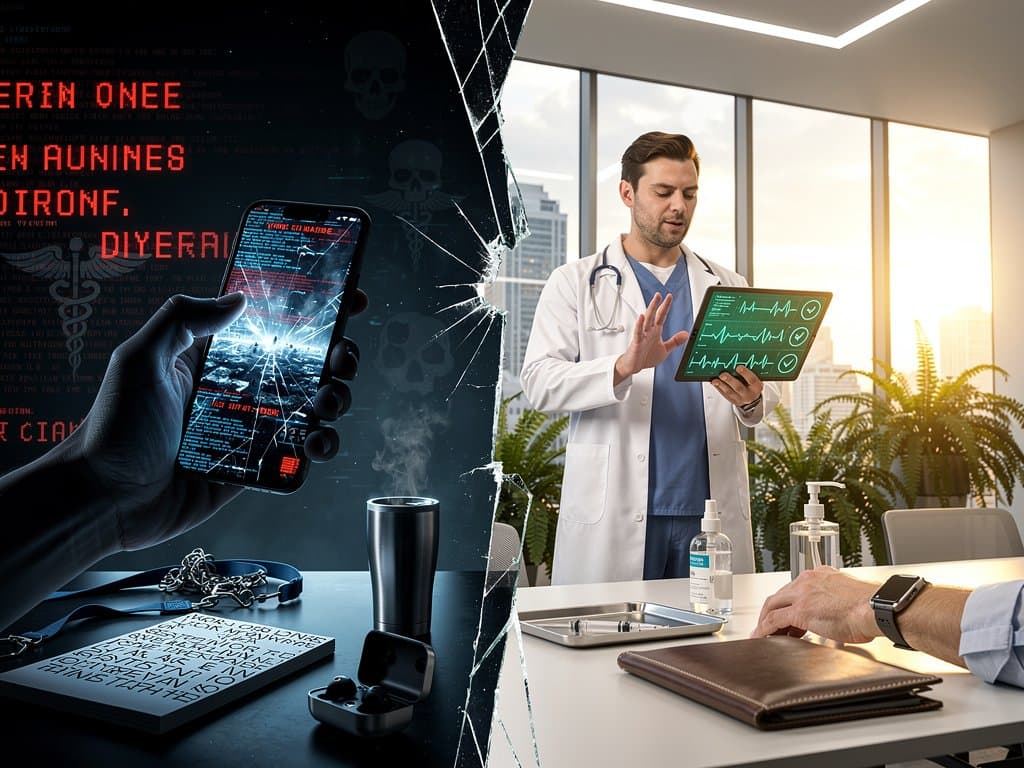 Split illustration of dangerous AI chatbot screen versus safe doctor consultation scene