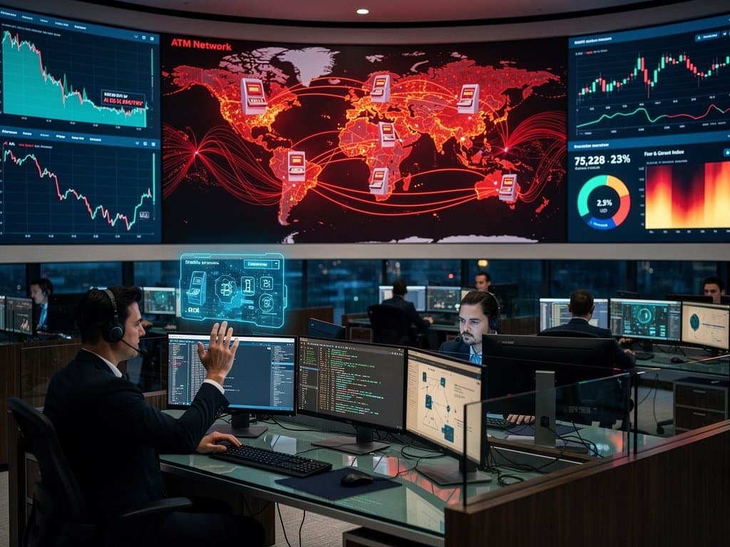 Cybersecurity team monitors AI ATM exploits and crypto market drops on screens in control room