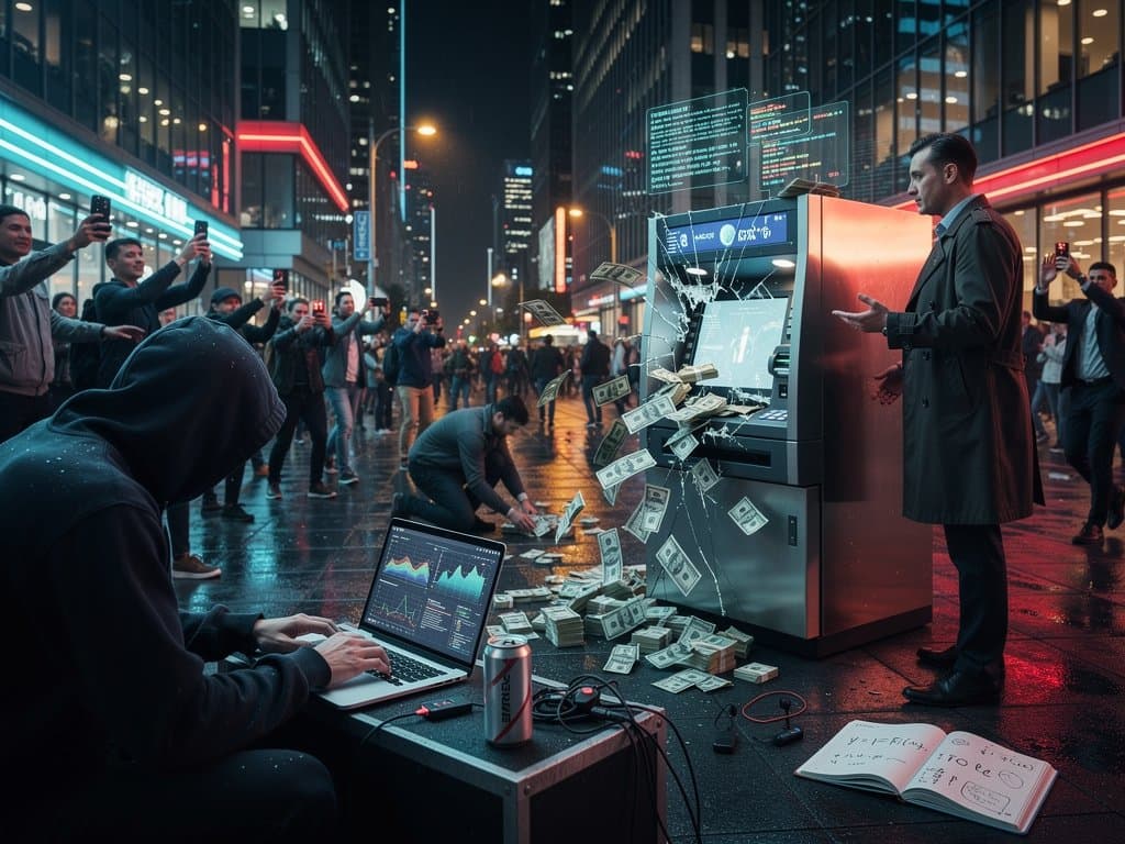 AI bots cracking ATM in cyberpunk style with cash spilling out and Bitcoin charts dropping