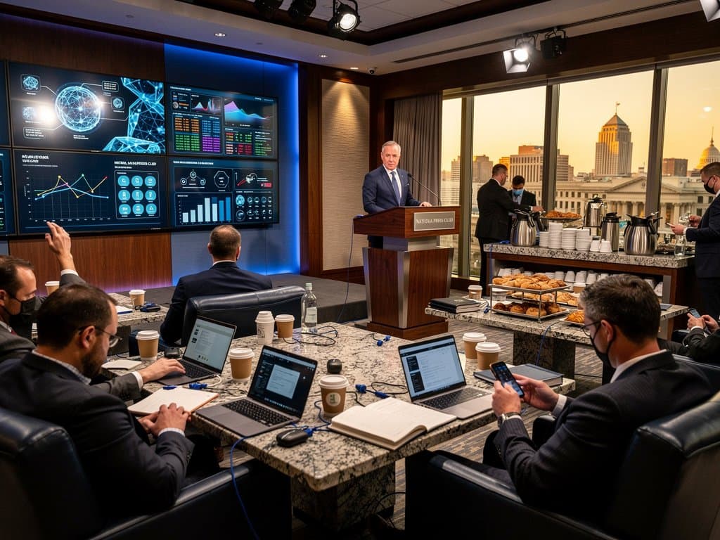 Modern press club room with podium, AI charts on screens, coffee station, crypto tickers, and DC skyline for AFL-CIO AI strategy event