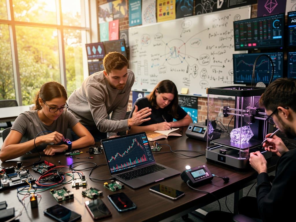 University lab in North Carolina where students prototype AI gadgets for crypto analysis amid laptops, wearables, and innovation tools