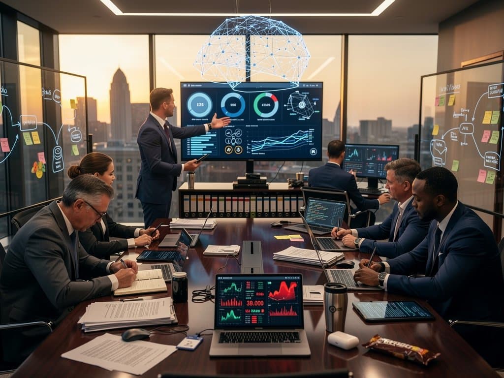 AI dashboards and crypto charts on screen in modern law firm conference room with Bloomberg terminals and legal documents