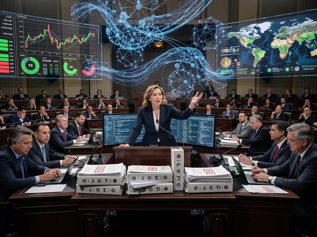Congress chamber with AI holograms, crypto charts, Fear & Greed Index at 27, and regulatory documents