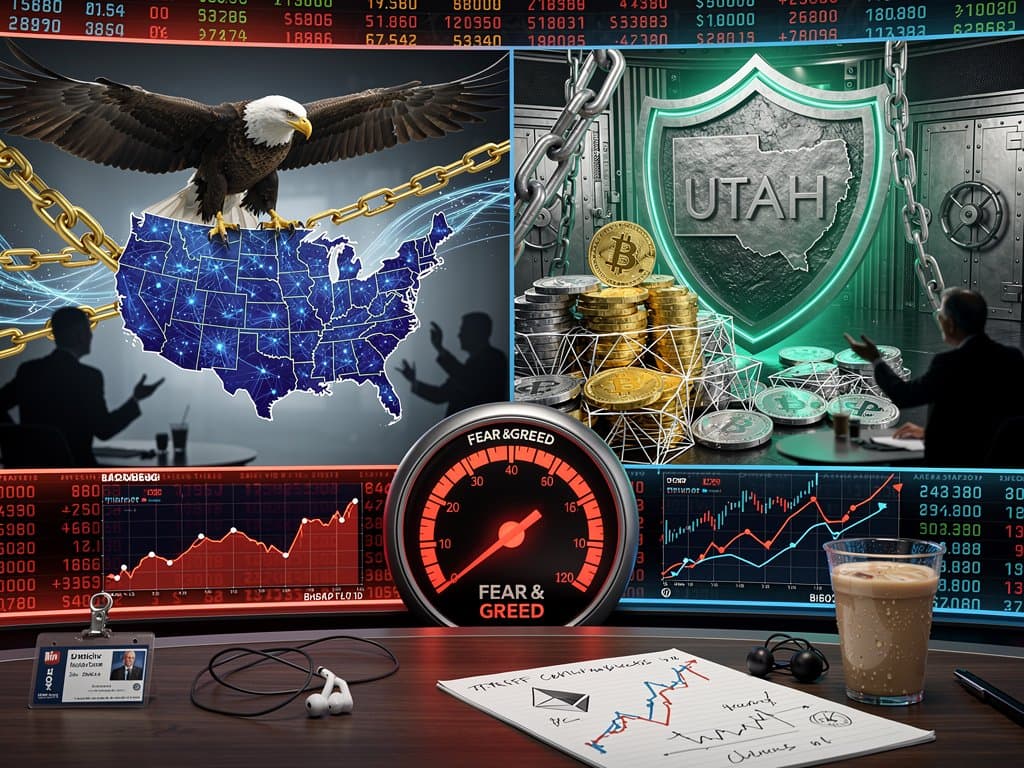 Graphic of federal vs state AI policy clash with crypto fear index at 27 and market charts