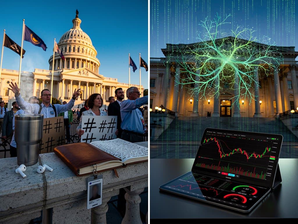 Split image of Utah capitol and U.S. Capitol with AI networks, GOP logo, and crypto Fear & Greed Index