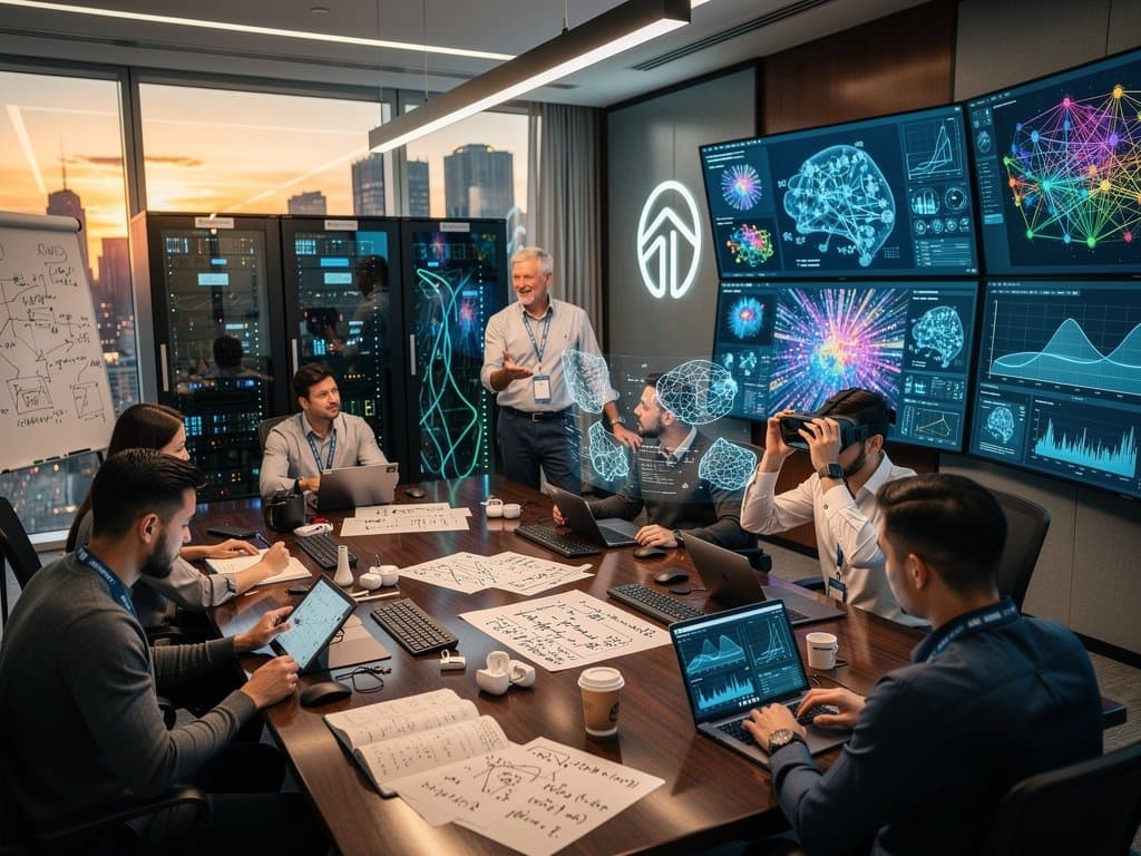 AI research lab with neural network screens, server racks, conference table, and modern tech setup