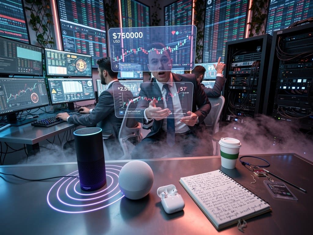 Abstract cyberpunk trading room with smart speakers emitting ultrasonic waves and screens showing BTC charts and eavesdropping alerts