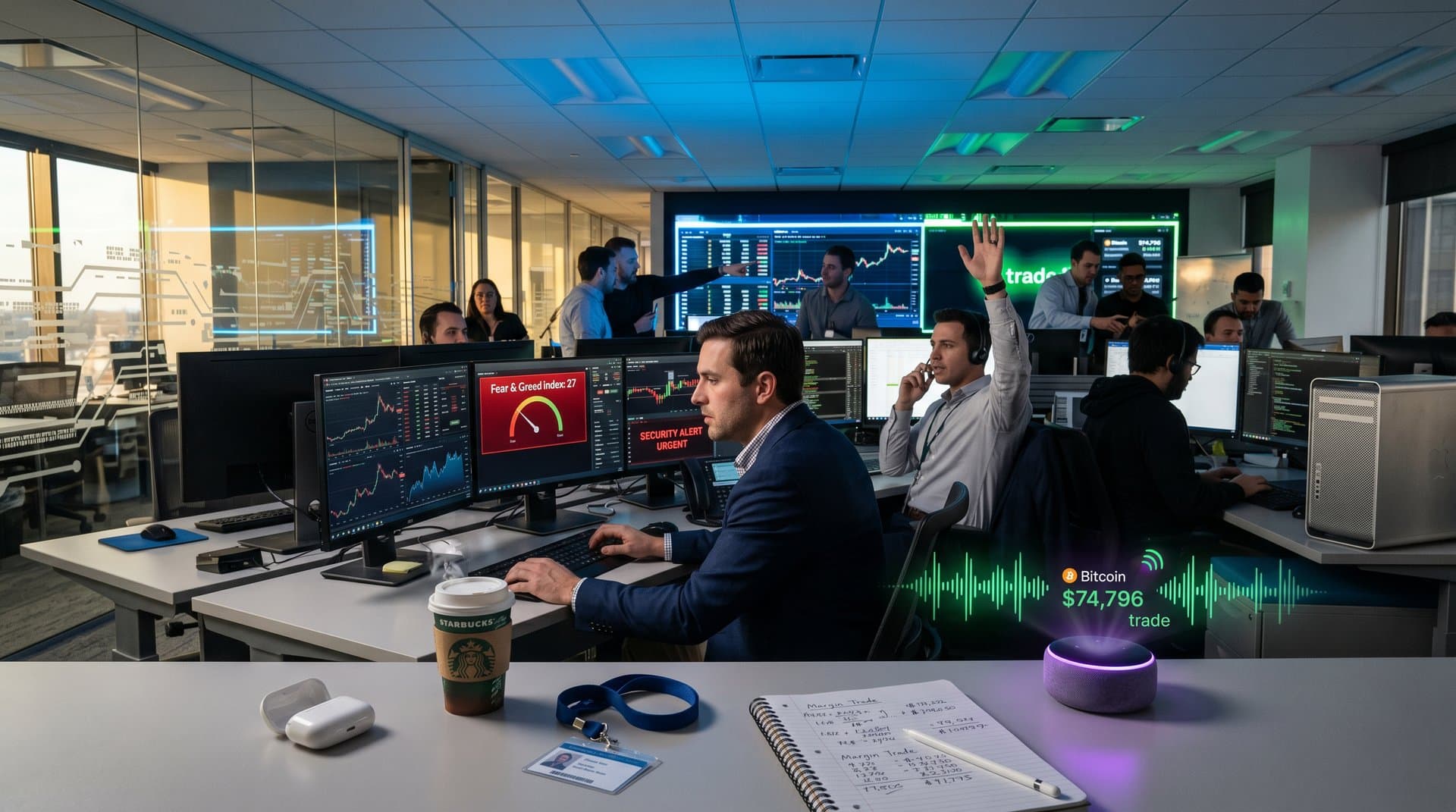 Smart speaker emitting ultrasonic waves in fintech office with crypto charts and security alerts