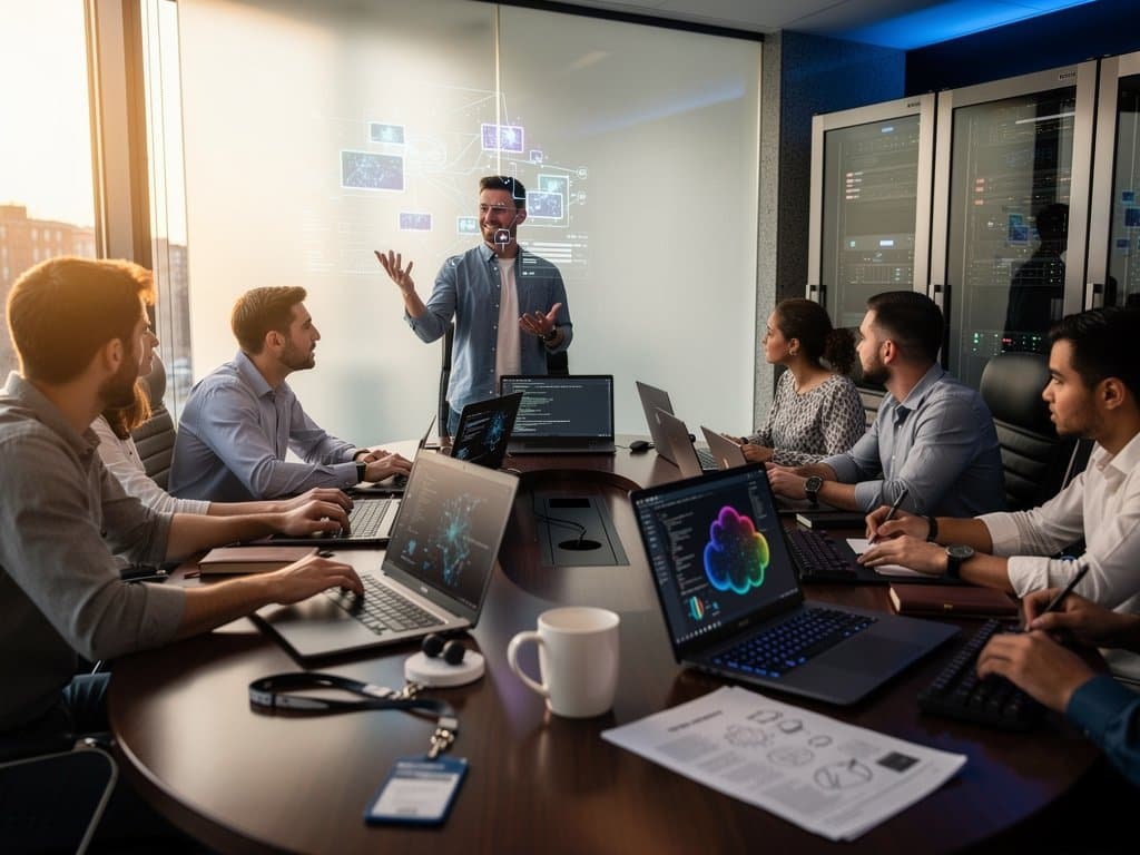 Sleek Dublin tech conference room with AI neural networks on monitors, holographic models, server racks, and natural light