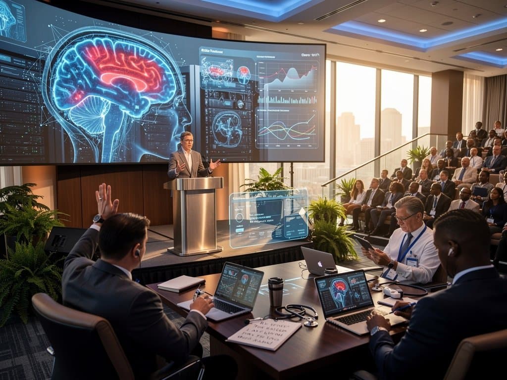 AI healthcare conference screens show brain scan analysis and data visualizations in modern hall