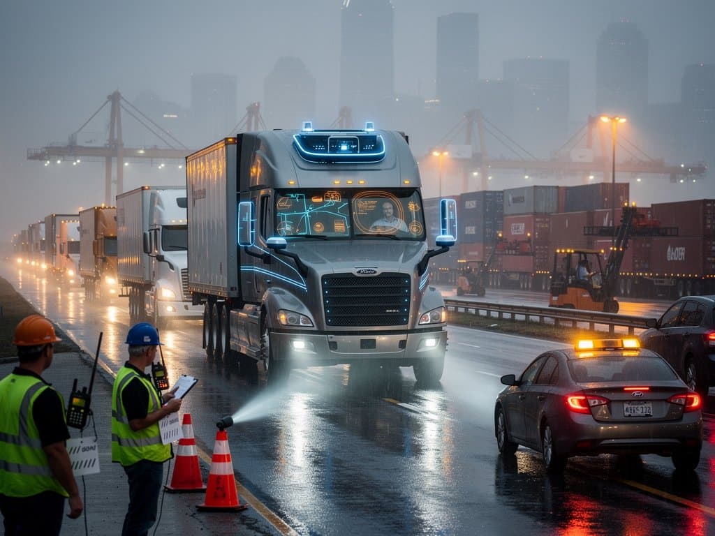Autonomous semi-truck with sensors on rainy U.S. highway amid human traffic, highlighting AI trucking challenges