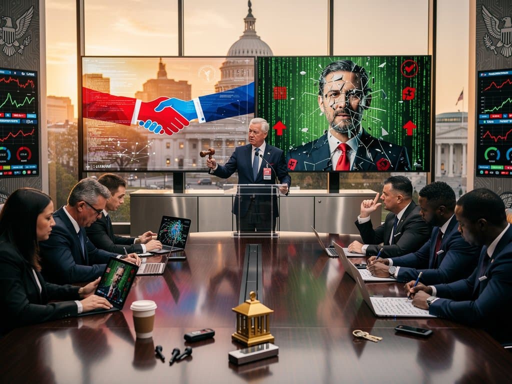 Split-screen deepfake protection scene with politician, shields, crypto charts in Capitol-style boardroom