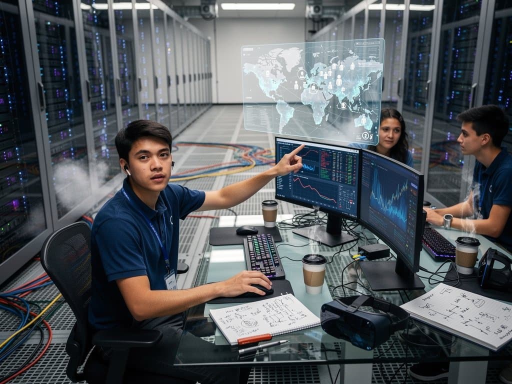 Data center with server racks, AI dashboards on monitors, fiber cables, and cloud tech visuals under LED lights