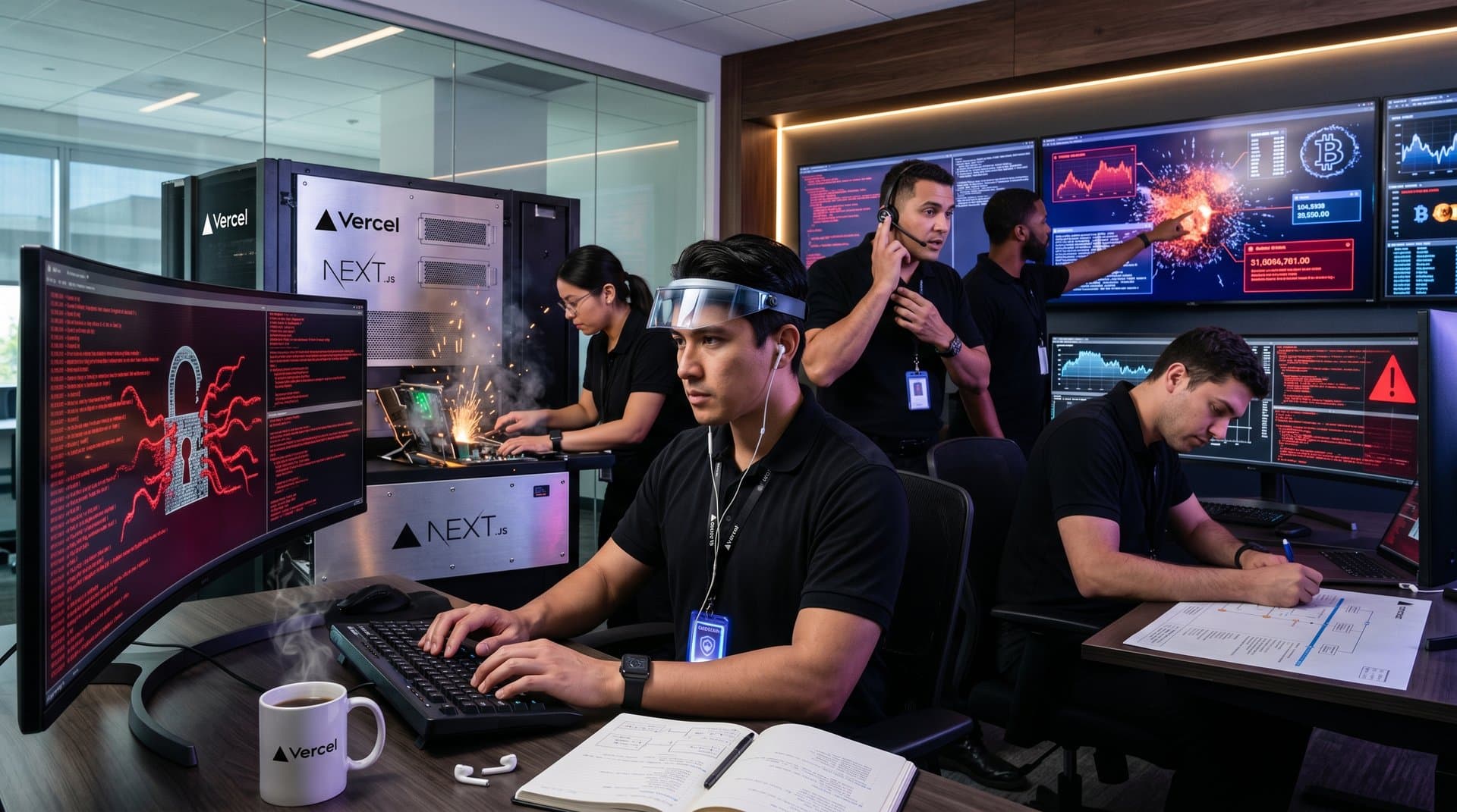 Hacker code breaches glowing server racks in a cyberpunk data center with red alerts and Vercel logo.