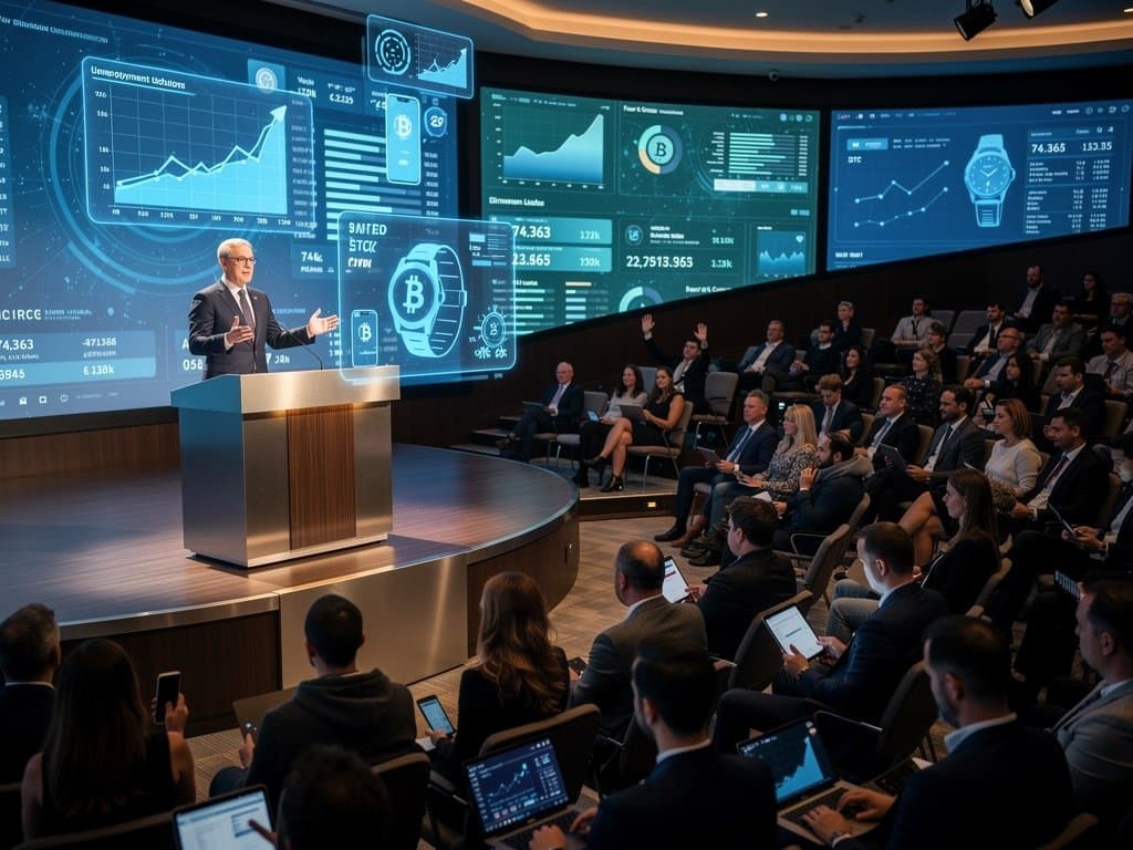 Tech executive on stage discussing AI job cuts, screens with charts and gadgets, professional audience