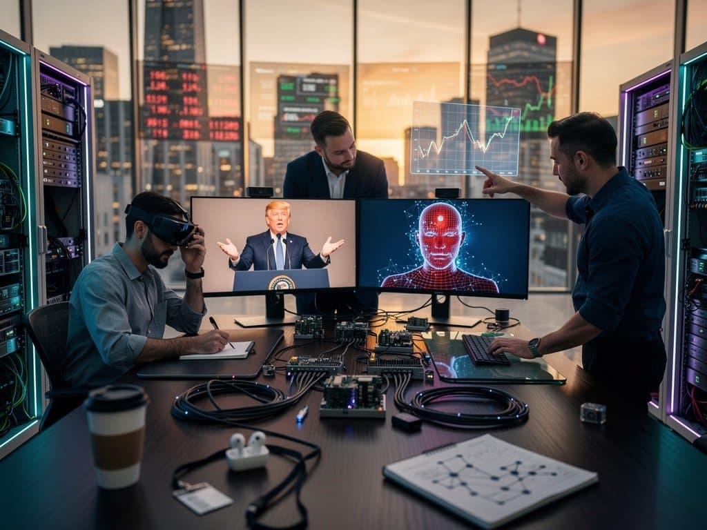 Monitors compare real and deepfake political videos in modern tech lab with AI graphs and gadgets