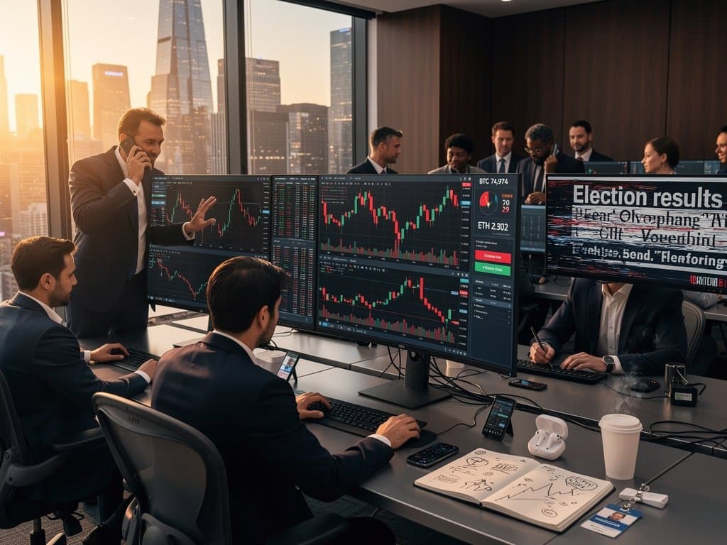 Analysts at Bloomberg terminals on Goldman Sachs floor monitor crypto charts and election deepfake alerts amid busy trading activity