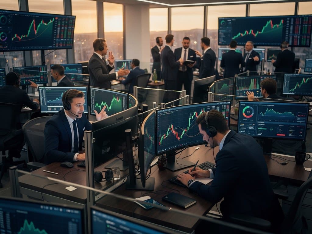 Abstract trading screens with AI chatbots, crypto charts, Fear Index at 29, neural icons fading in modern office