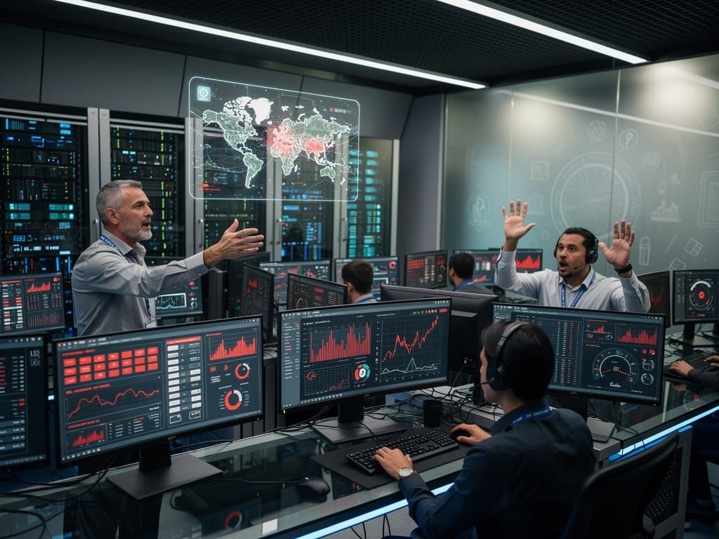 Cybersecurity analysts at multi-monitor desks review AI threat data in a modern Tier IV data center with server racks and team discussions
