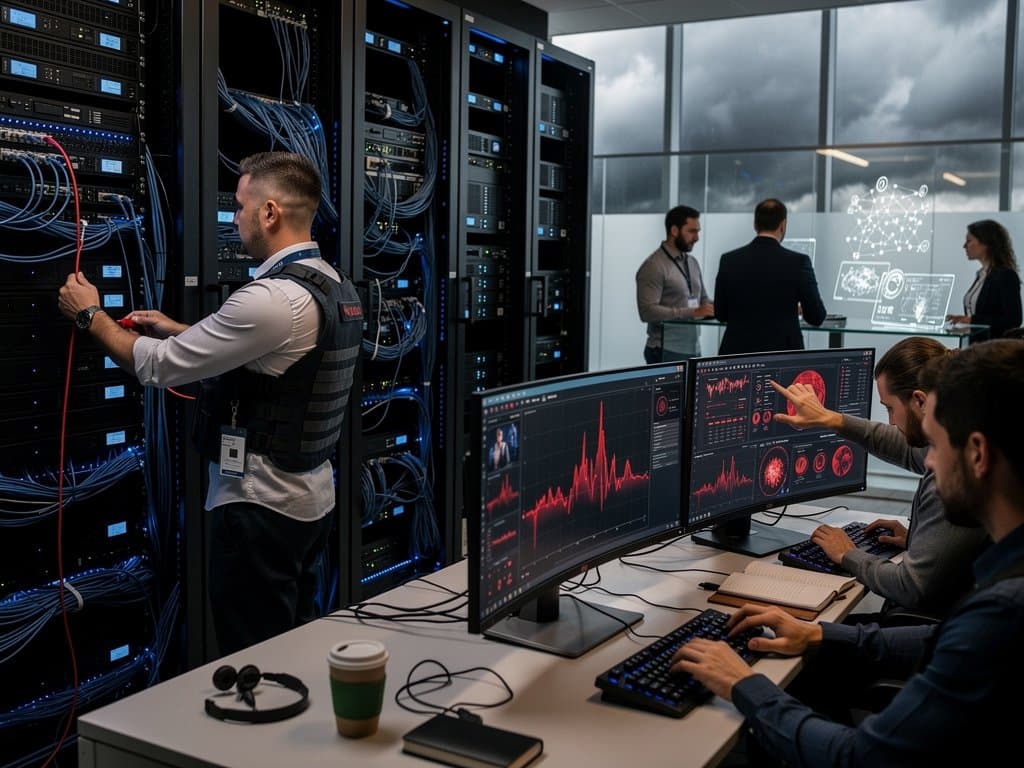 Engineers and analysts monitor Mythos AI threats in secure NSA data center with server racks and dashboards