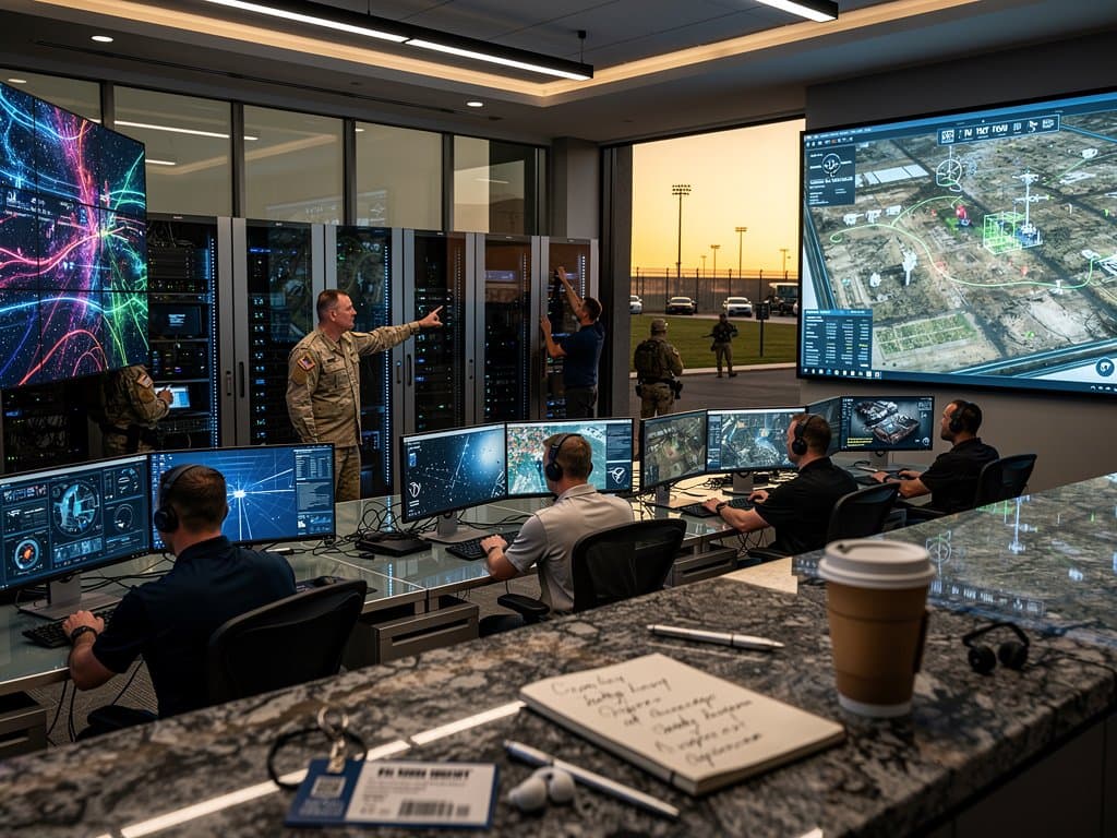 AI battlefield analytics on multi-monitors in high-tech DoD command center with video wall displaying simulations