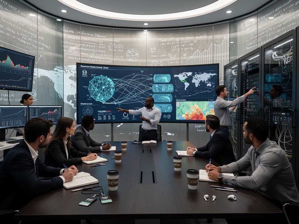 Tech command center with AI screens on policy simulations, trade, climate, crypto fear index, team collaborating
