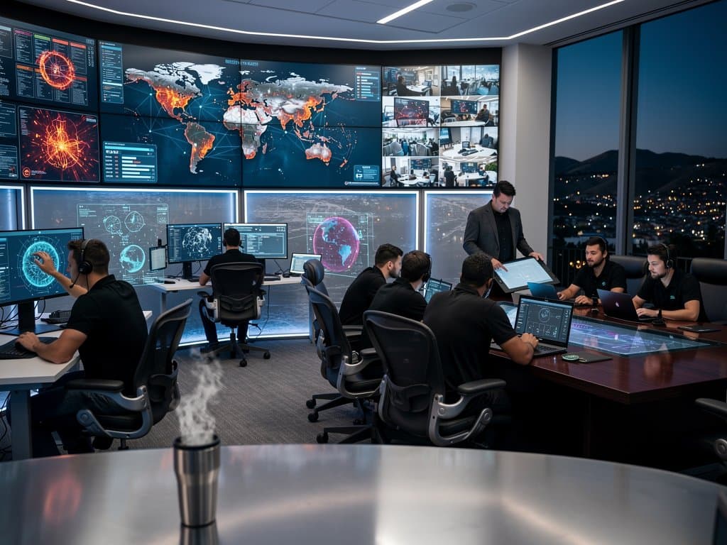 AI threat maps on multi-monitor setups in a modern operations center with LED lighting and data walls