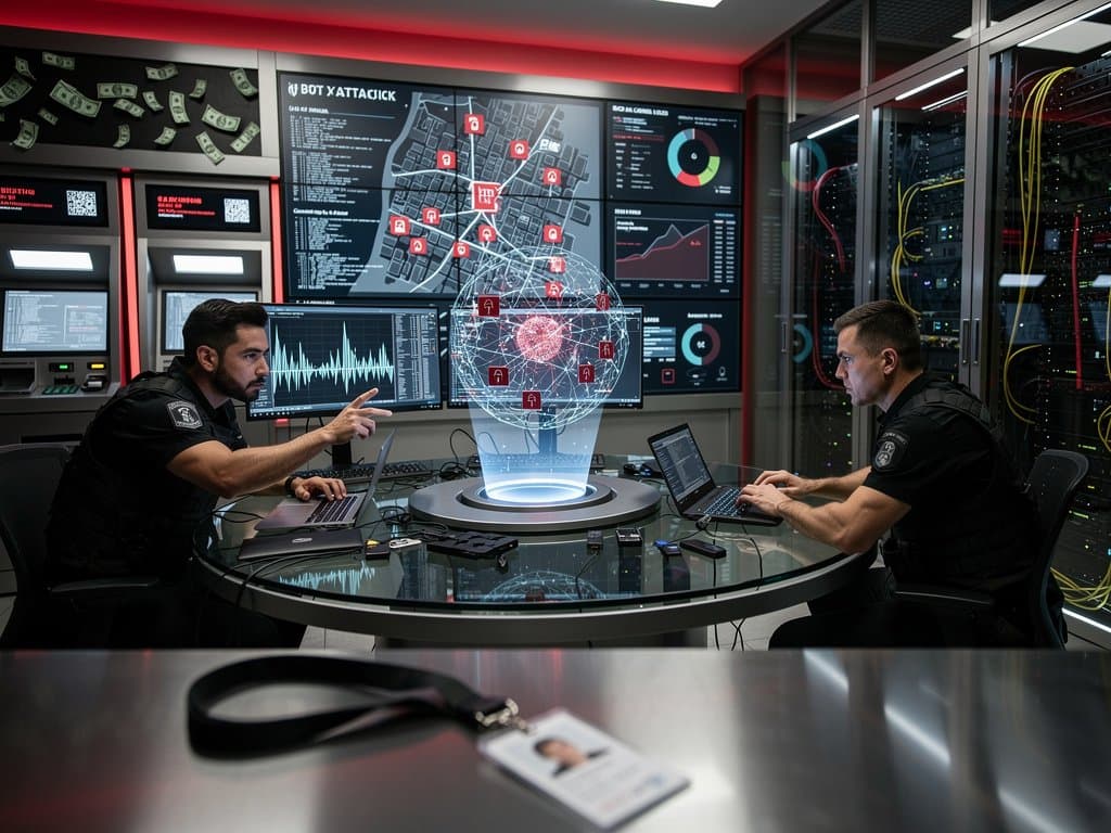 Cyber room with hacked ATMs, holographic AI threats, and security screens showing Fear Index at 29