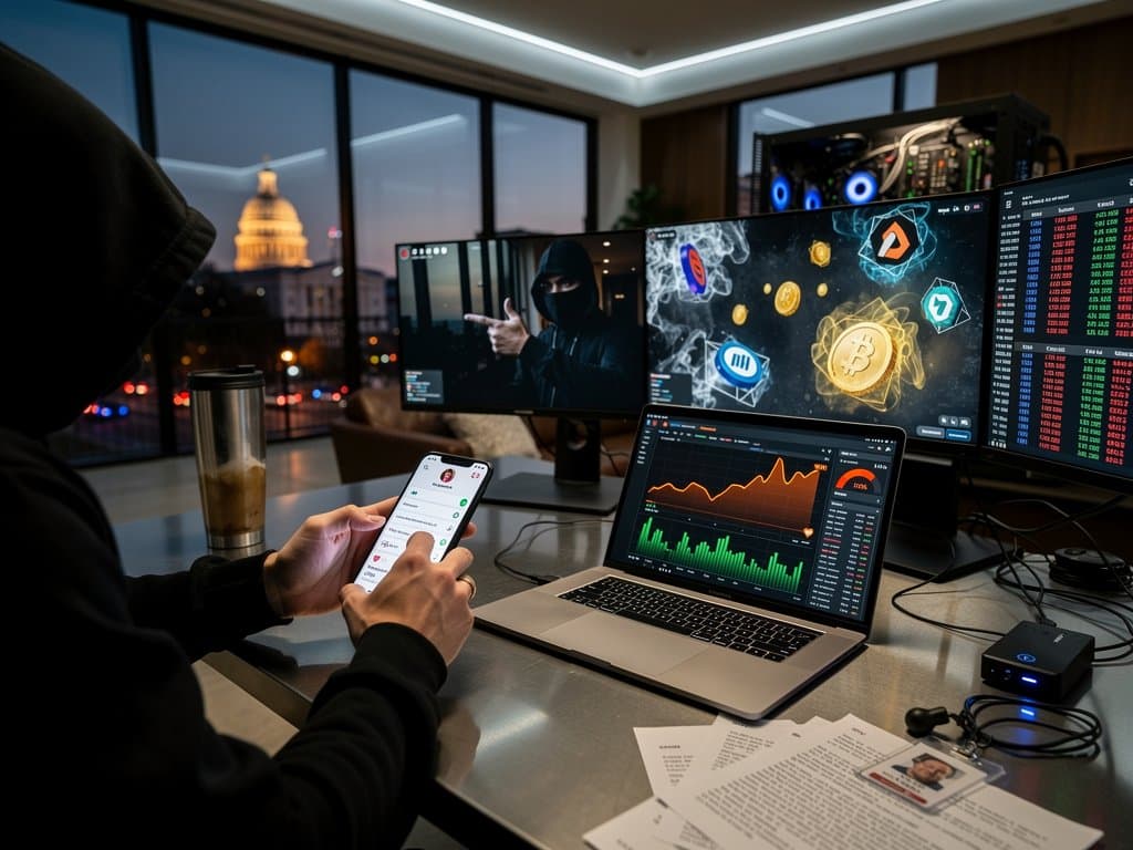 Smartphone with fake dating scam chat and crypto warnings against Austin skyline