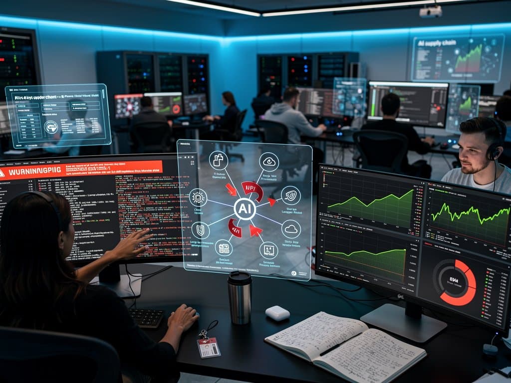 Futuristic cybersecurity ops center with monitors alerting on Anthropic MCP RCE vulnerability, AI supply chain attacks, and crypto charts showing Bitcoin at $76K and Fear at 29