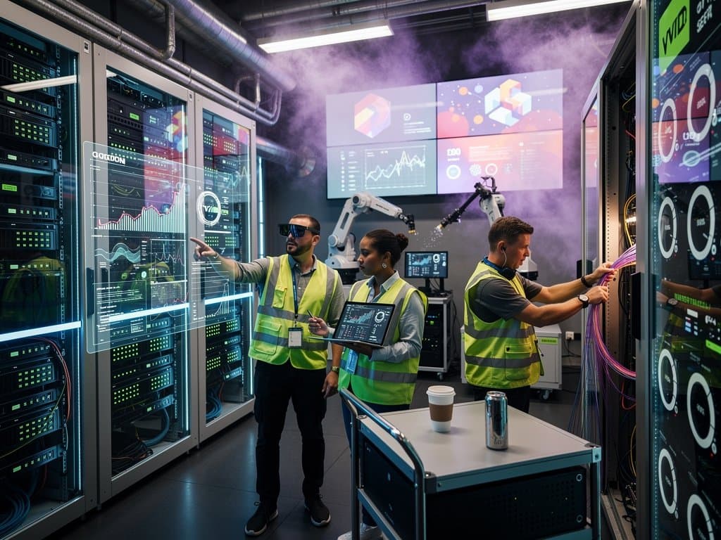 AWS data center with GPU servers, AI metrics on screens, and control room in high-tech environment