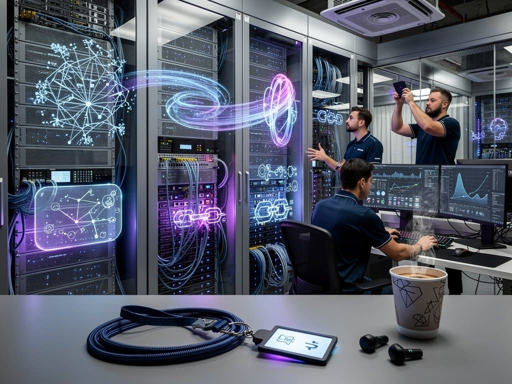Futuristic AWS data center interior with glowing server racks, pulsing fiber optics, GPU clusters, holographic AI and fintech metrics under dramatic LED lighting