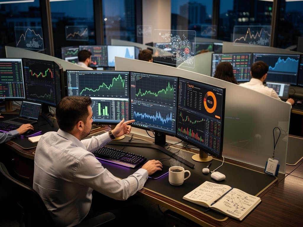 Trading screens show Bitcoin at $76K amid surging charts on modern finance desk with city skyline