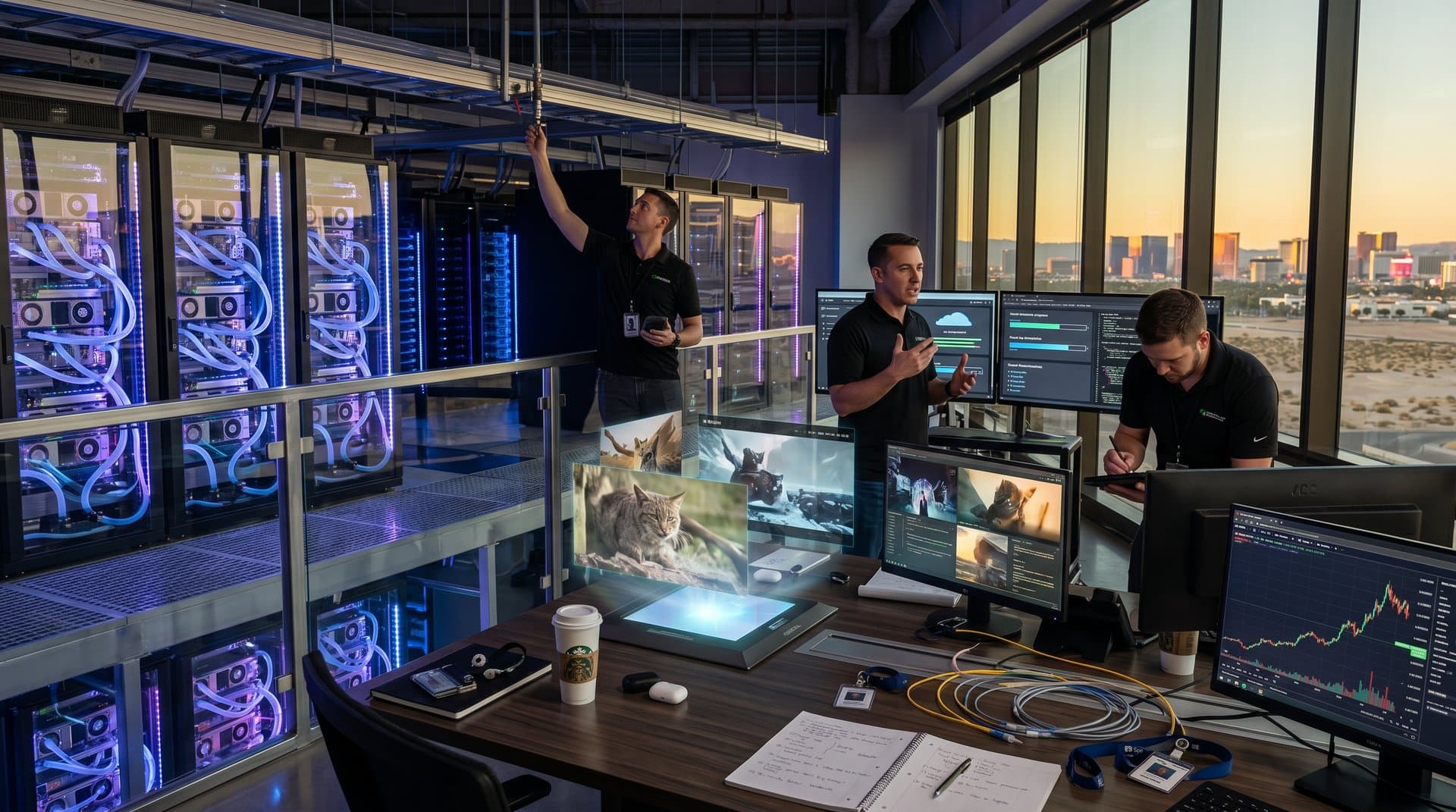 Engineers monitor AI film rendering on multi-screen workstations amid server racks in Nevada Tier IV data center