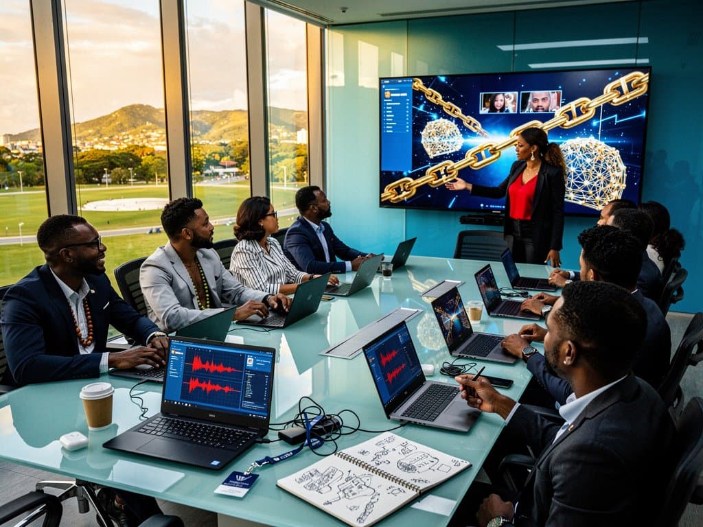 Professionals in modern conference room reviewing AI deepfake detection on large screens during Commonwealth training session