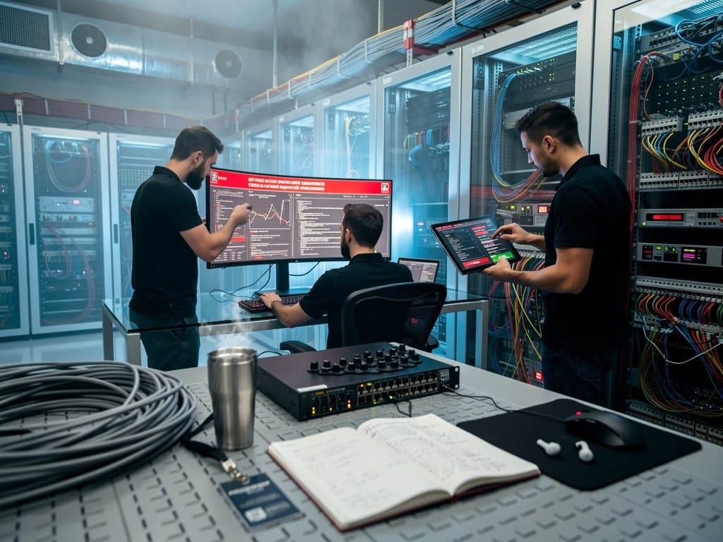 High-security data center with server racks, monitors showing alerts, and fiber optic cables amid cyber threat response
