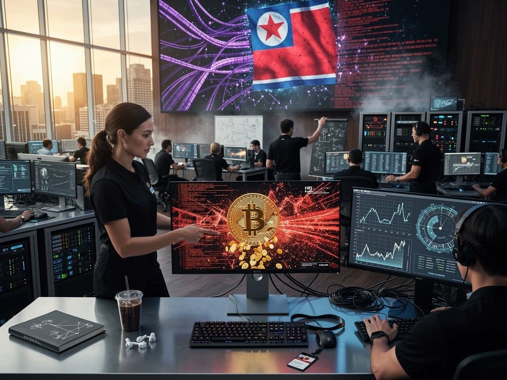 Cyber attack on Bitcoin network with hacker code breaking chains and global finance nodes in cyberpunk style