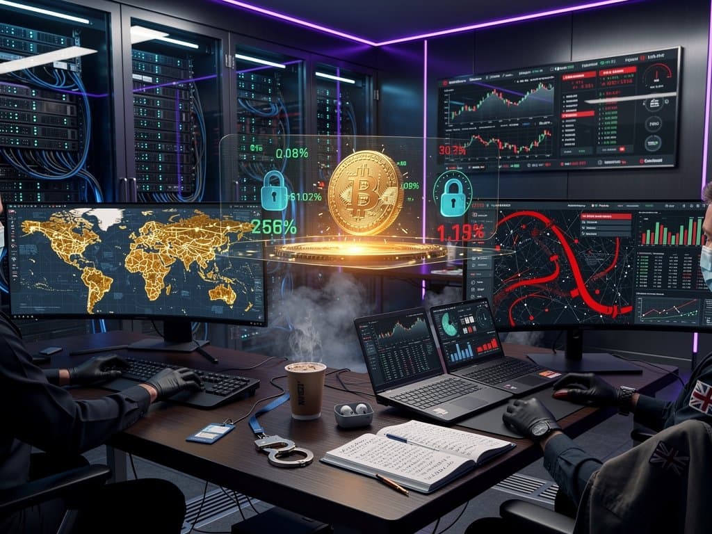 Cybersecurity team tracks Scattered Spider crypto theft in high-tech control room with blockchain graphs and BTC price ticker