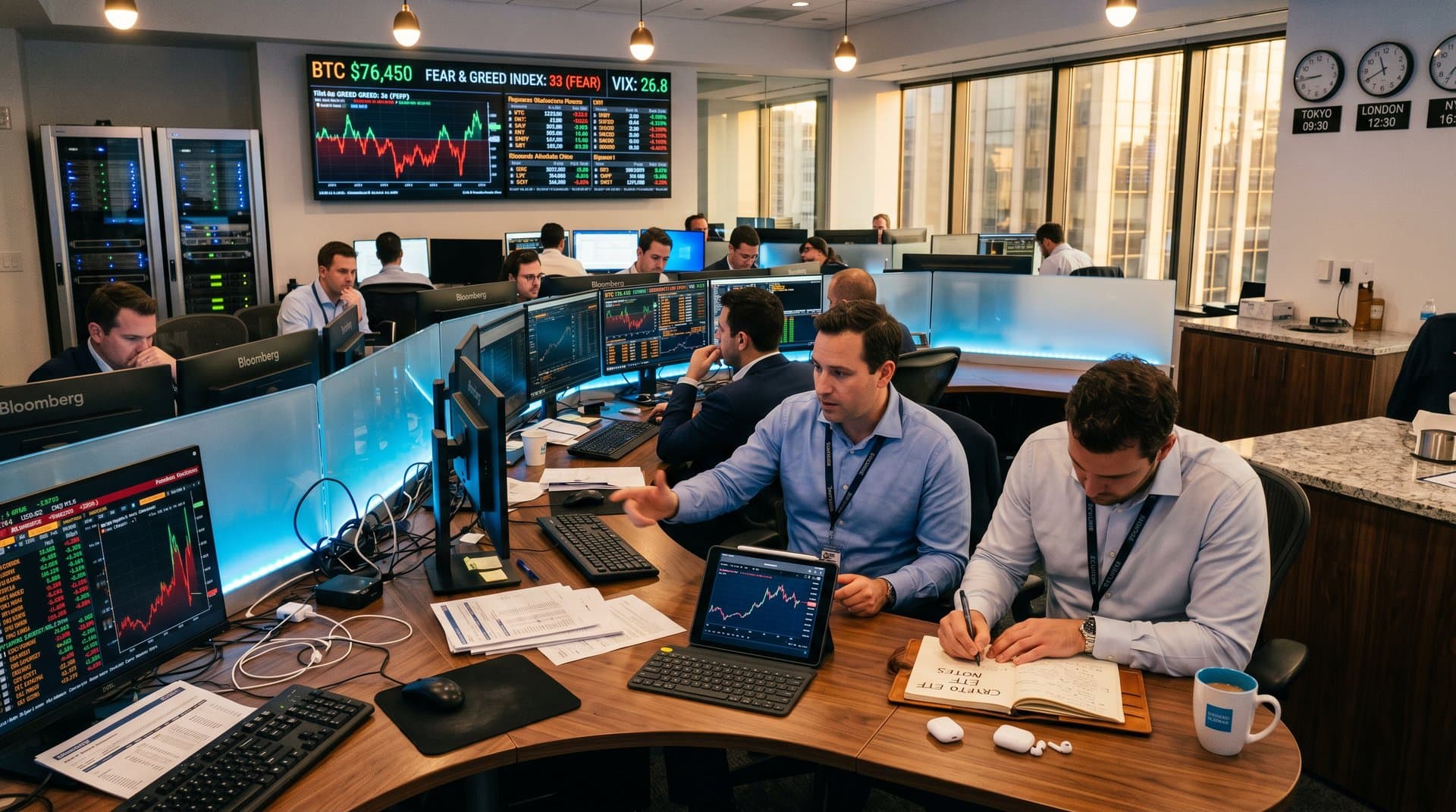Trading desks with screens showing BTC at $76,450, Fear & Greed Index 33, and crypto volatility charts in modern fintech office