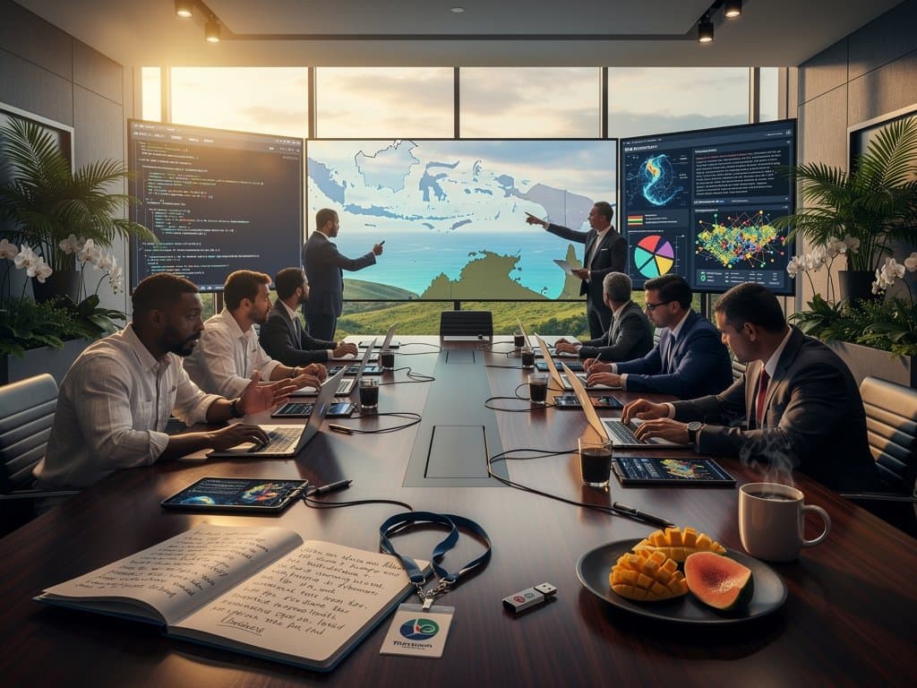Conference room with screens showing AI deepfake detection and Caribbean maps during Commonwealth electoral training