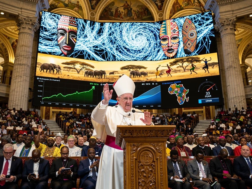Symbolic Vatican scene with papal figure, AI holograms, African motifs, and crypto charts in a spiritual tech atmosphere