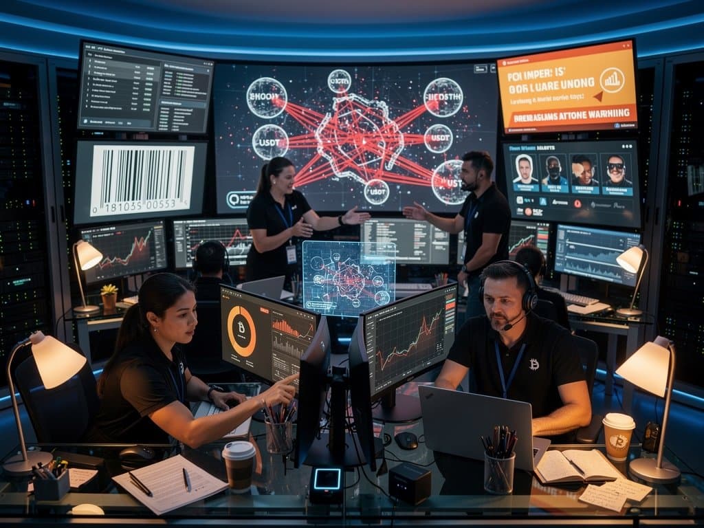 Cybersecurity analysts monitor threat dashboards and blockchain scams on multi-monitor setups in a modern bank SOC with city views