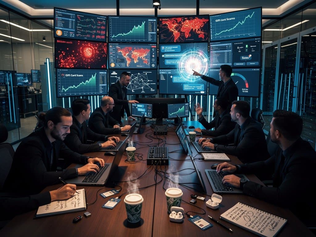 Cybersecurity operations center monitors showing crypto gift card scam alerts and Bitcoin charts amid blue-lit servers