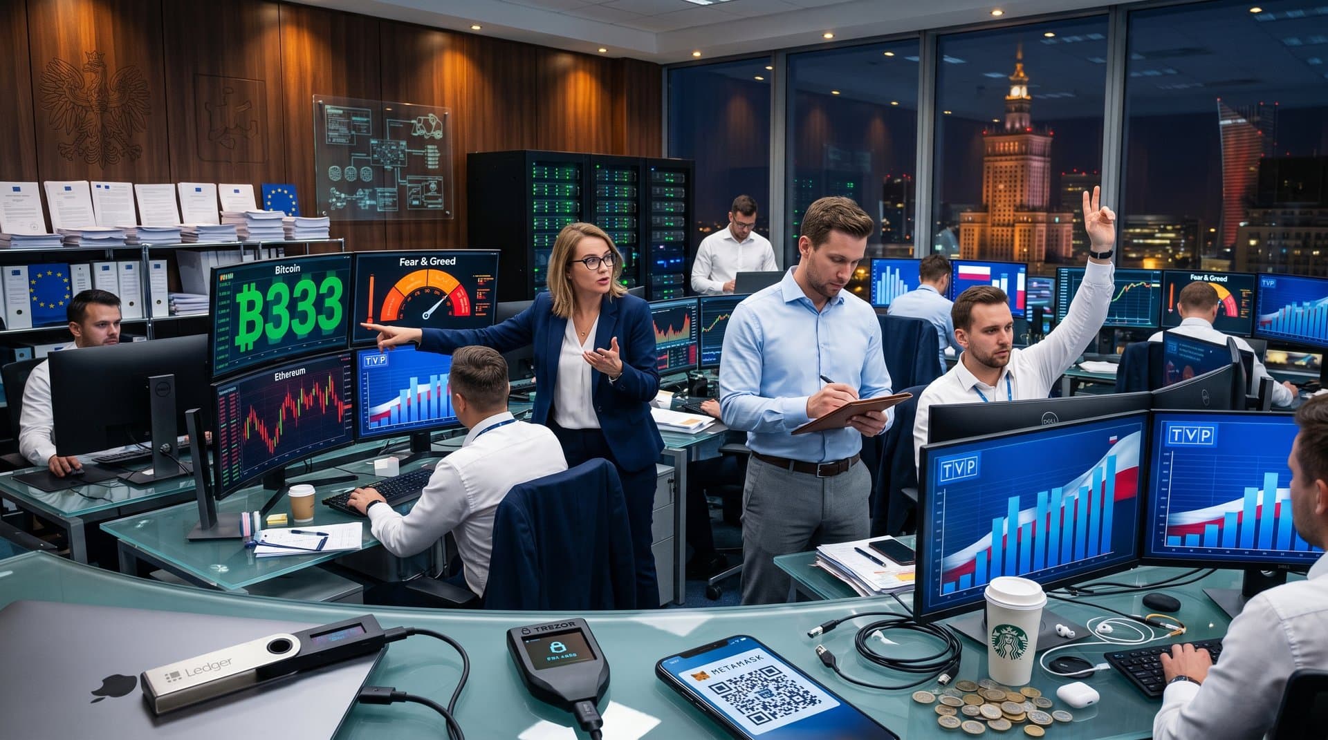 Trading screens display BTC at $75K, crypto wallets, and Poland cryptocurrency ownership survey data in modern finance hub