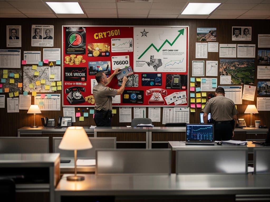 Sheriff's office warning poster on crypto gift card scams with Bitcoin chart and gift cards on bulletin board