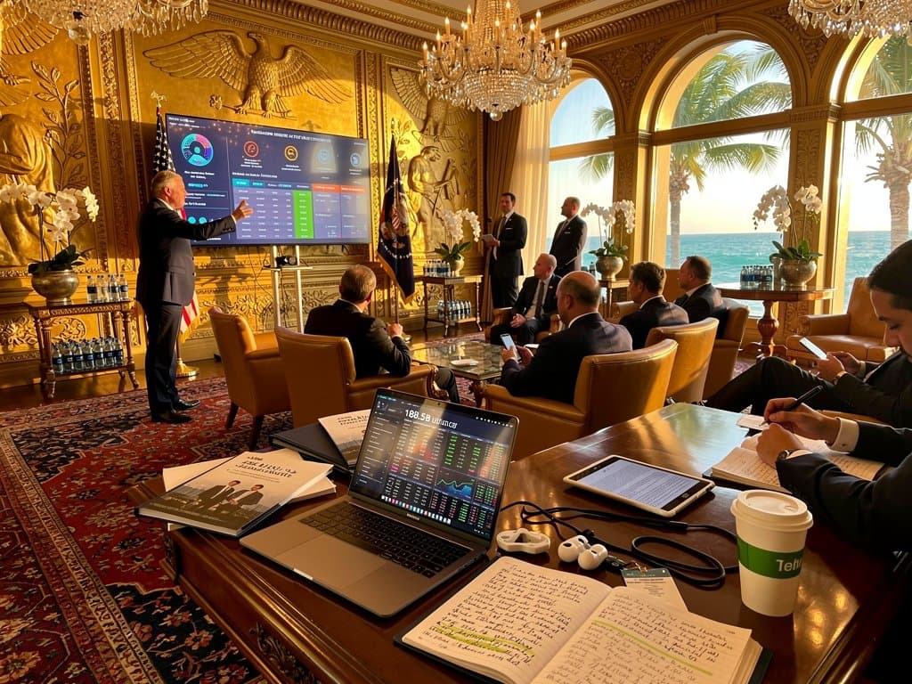 Idaho legislators discuss stablecoin bill at Mar-a-Lago ballroom table with charts on screens and branded cups nearby